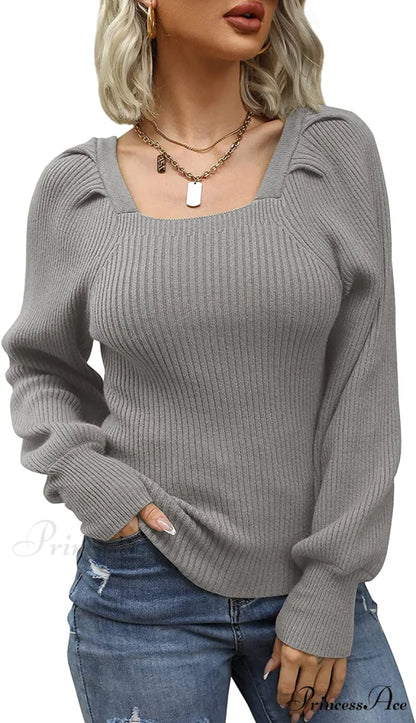 Women’s Square Neck Long Lantern Sleeve Sweater Gray / Medium