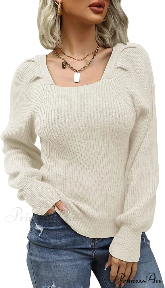 Women’s Square Neck Long Lantern Sleeve Sweater White / Medium