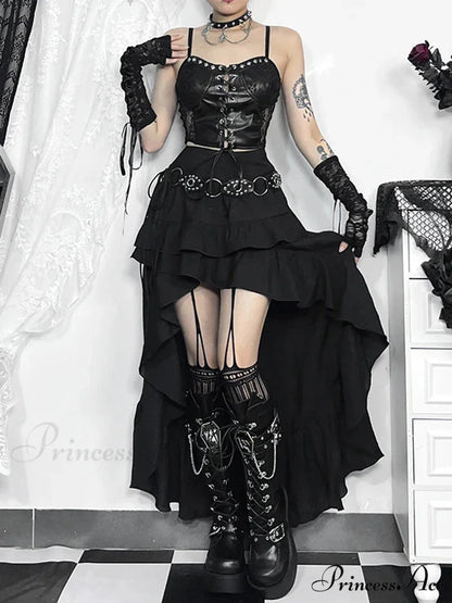 Women’s SteamRetro Gothic Pleated Asymmetric Hi-Low Lace Party Irregular Victorian High-Low Bustle Skirt
