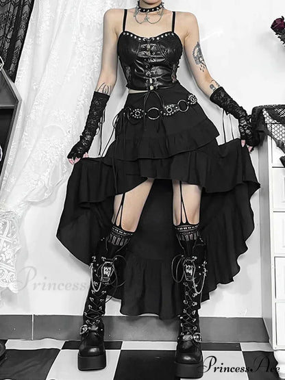 Women’s SteamRetro Gothic Pleated Asymmetric Hi-Low Lace Party Irregular Victorian High-Low Bustle Skirt