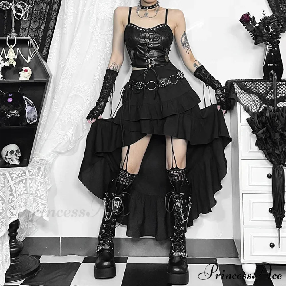 Women’s SteamRetro Gothic Pleated Asymmetric Hi-Low Lace Party Irregular Victorian High-Low Skirt