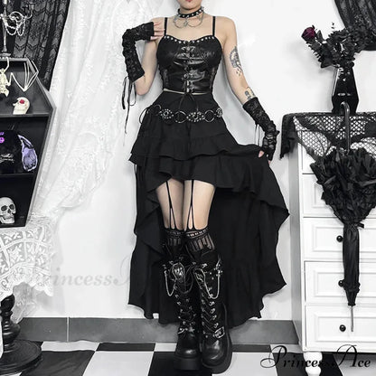 Women’s SteamRetro Gothic Pleated Asymmetric Hi-Low Lace Party Irregular Victorian High-Low Skirt