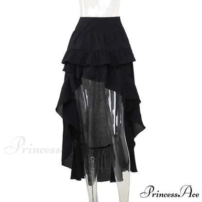 Women’s SteamRetro Gothic Pleated Asymmetric Hi-Low Lace Party Irregular Victorian High-Low Skirt Black / S