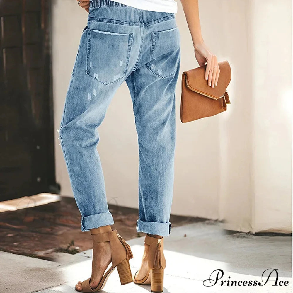 Women’s Streetwear Ripped Vintage Casual Fashion Drawstring Elastic Waist High Elastic Baggy Jean