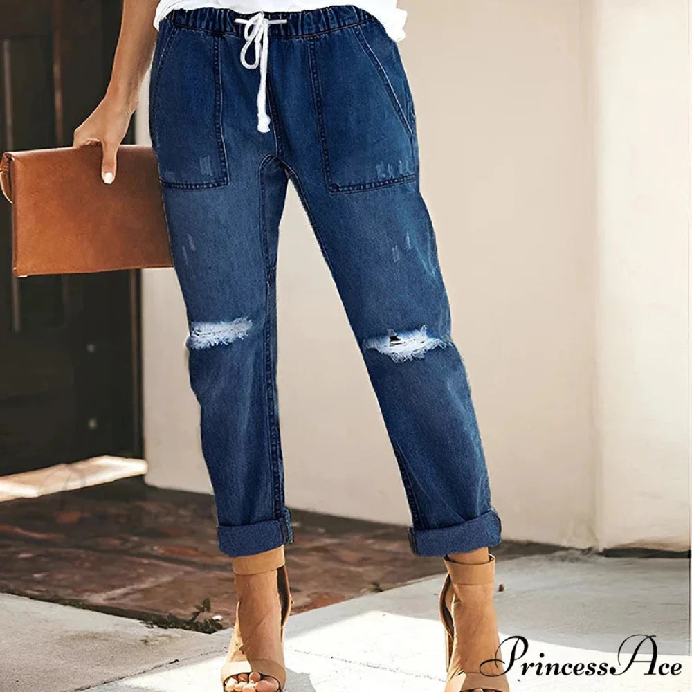 Women’s Streetwear Ripped Vintage Casual Fashion Drawstring Elastic Waist High Elastic Baggy Jean Dark Blue / S