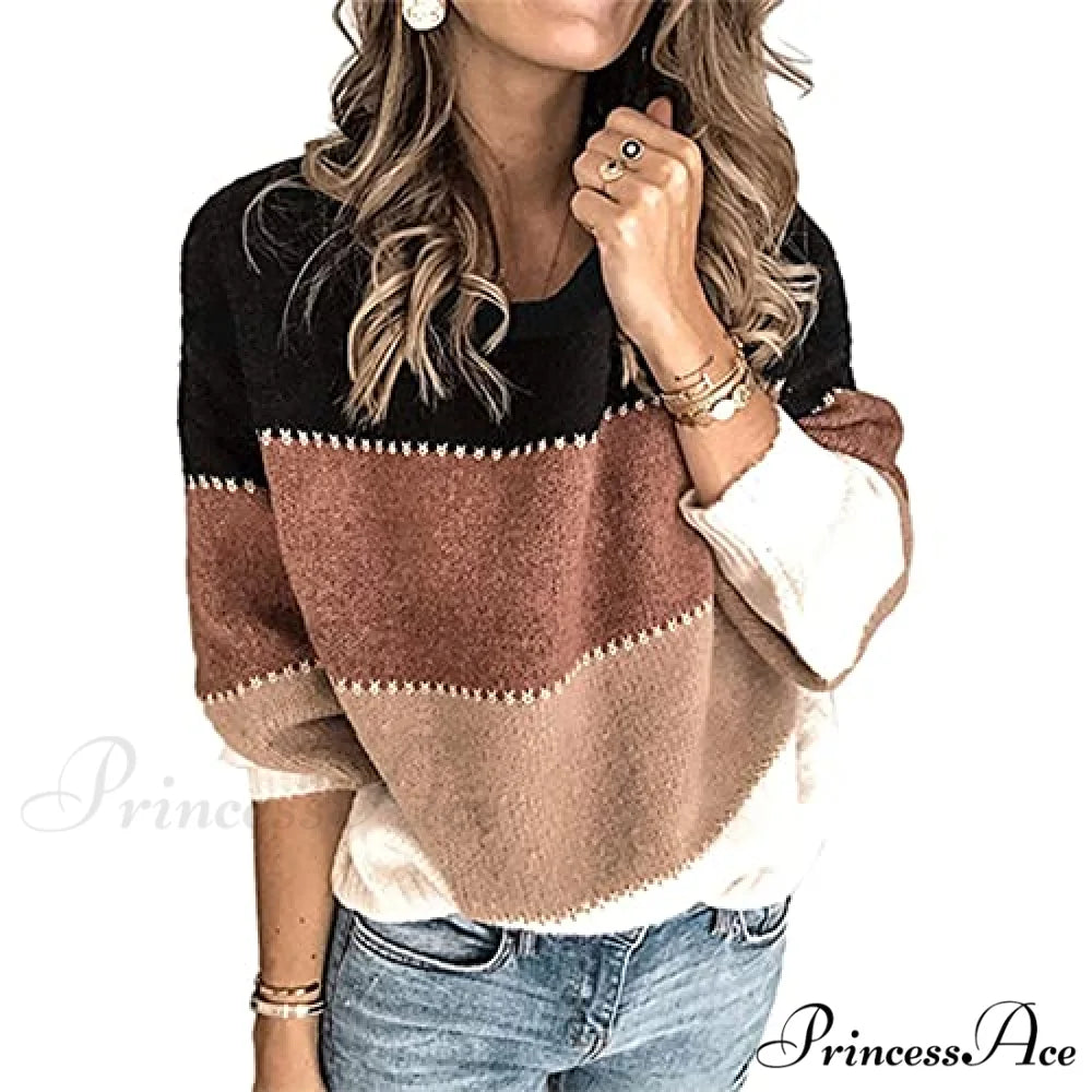Women’s Stripe Sweaters Color Block Long Sleeve Pullover