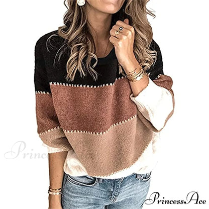 Women’s Stripe Sweaters Color Block Long Sleeve Pullover