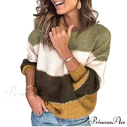 Women’s Stripe Sweaters Color Block Long Sleeve Pullover