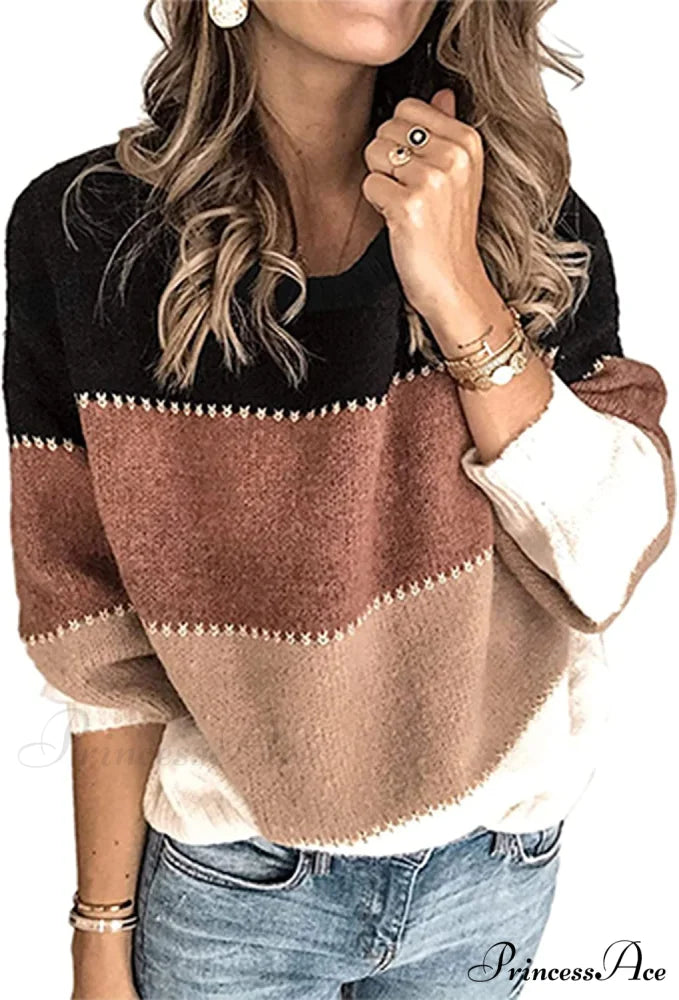 Women’s Stripe Sweaters Color Block Long Sleeve Pullover Black / Small