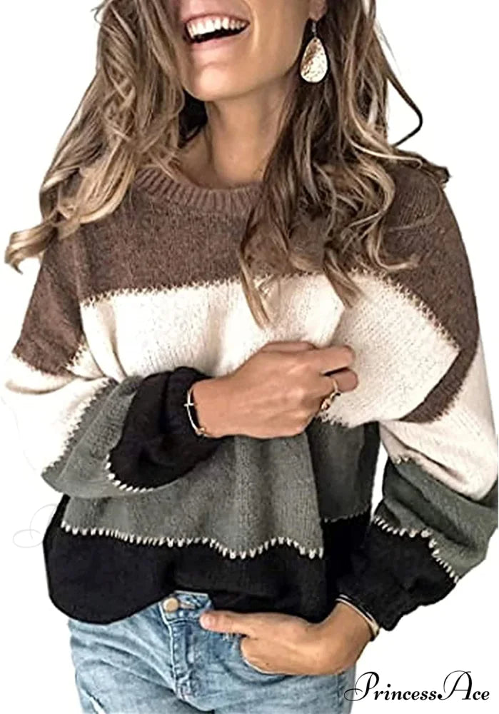 Women’s Stripe Sweaters Color Block Long Sleeve Pullover Brown / Small