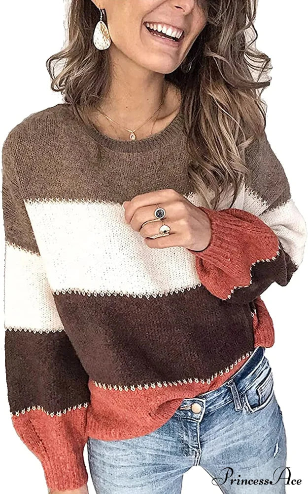 Women’s Stripe Sweaters Color Block Long Sleeve Pullover Khaki / Small