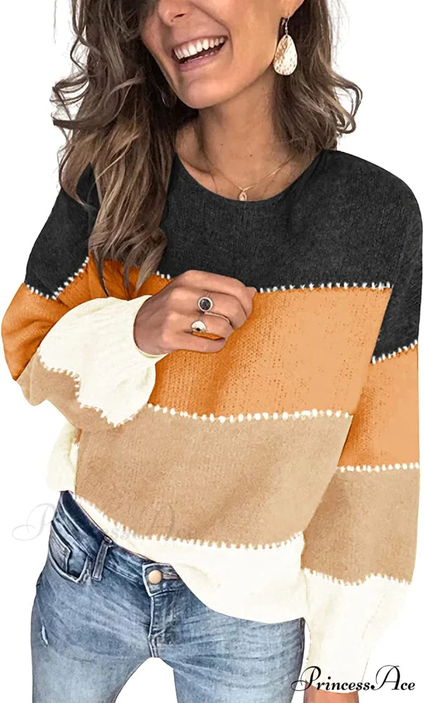 Women’s Stripe Sweaters Color Block Long Sleeve Pullover Orange / Small