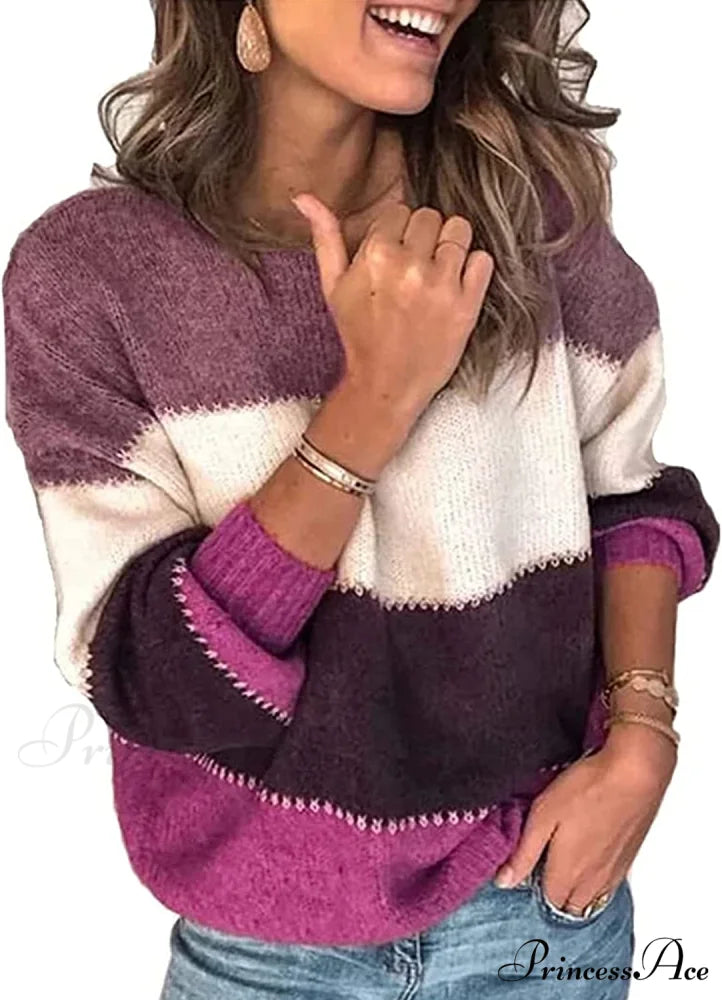 Women’s Stripe Sweaters Color Block Long Sleeve Pullover Purple / Small