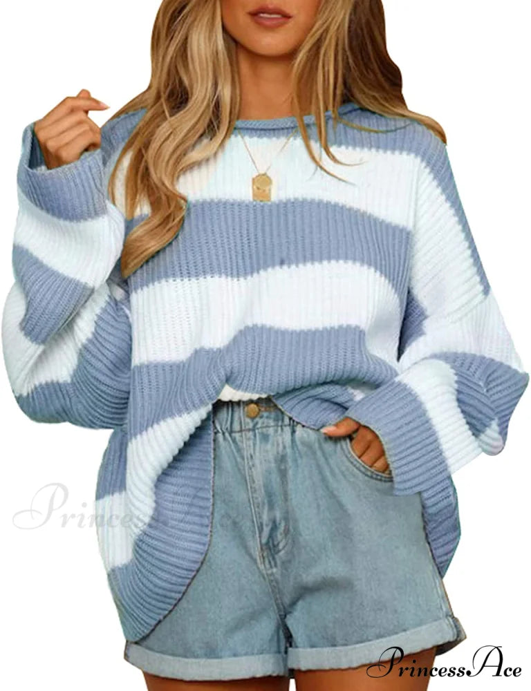 Women’s Striped Color Comfy Knitted Sweater Blue / X-Large