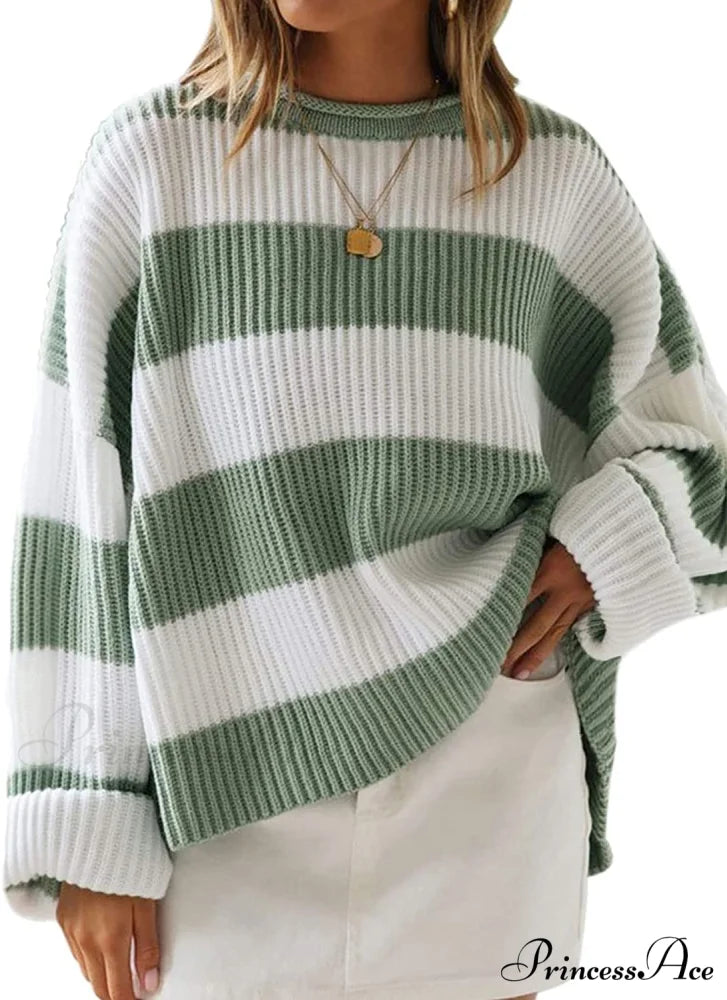 Women’s Striped Color Comfy Knitted Sweater Green / X-Large