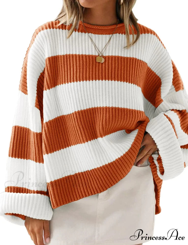 Women’s Striped Color Comfy Knitted Sweater Orange / X-Large