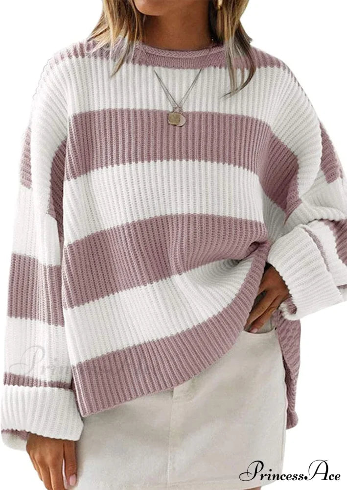 Women’s Striped Color Comfy Knitted Sweater Pink / X-Large