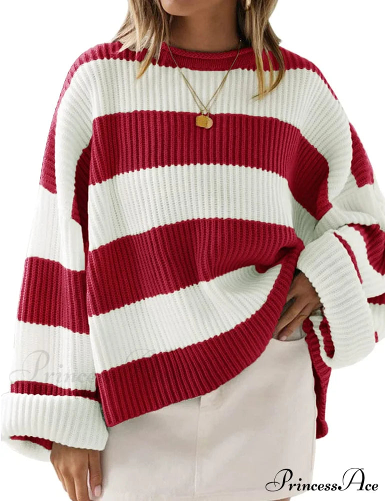 Women’s Striped Color Comfy Knitted Sweater Red / X-Large