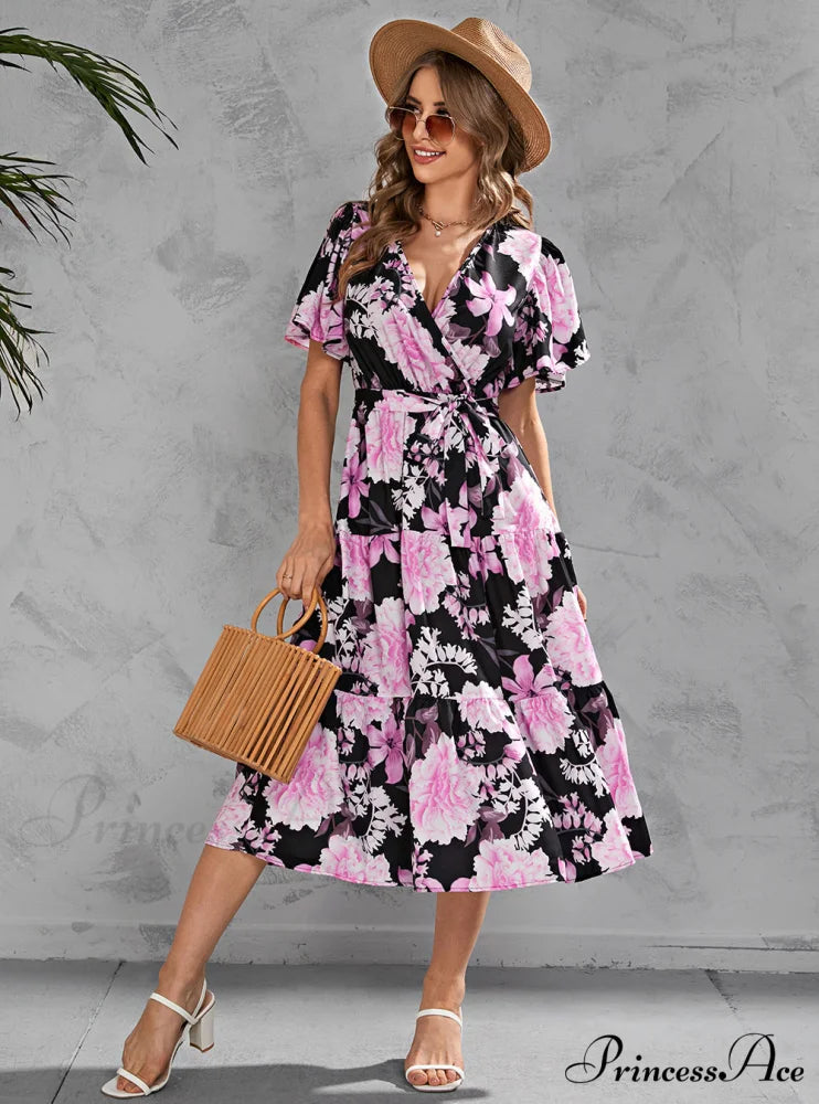 Women’s Summer Floral V-Neck Short Sleeve Dress with Belt - Chiffon Mid-Length Boho Beach Sundress L / BLACK