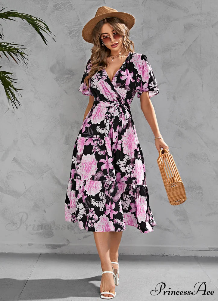 Women’s Summer Floral V-Neck Short Sleeve Dress with Belt - Chiffon Mid-Length Boho Beach Sundress L / YELLOW