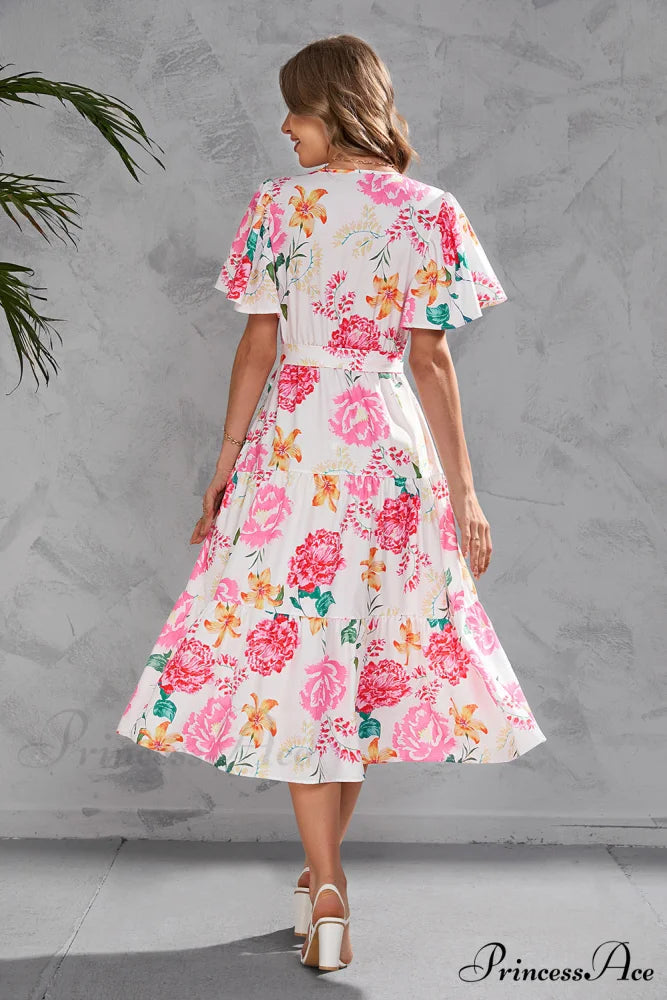 Women’s Summer Floral V-Neck Short Sleeve Dress with Belt - Chiffon Mid-Length Boho Beach Sundress M / BLACK