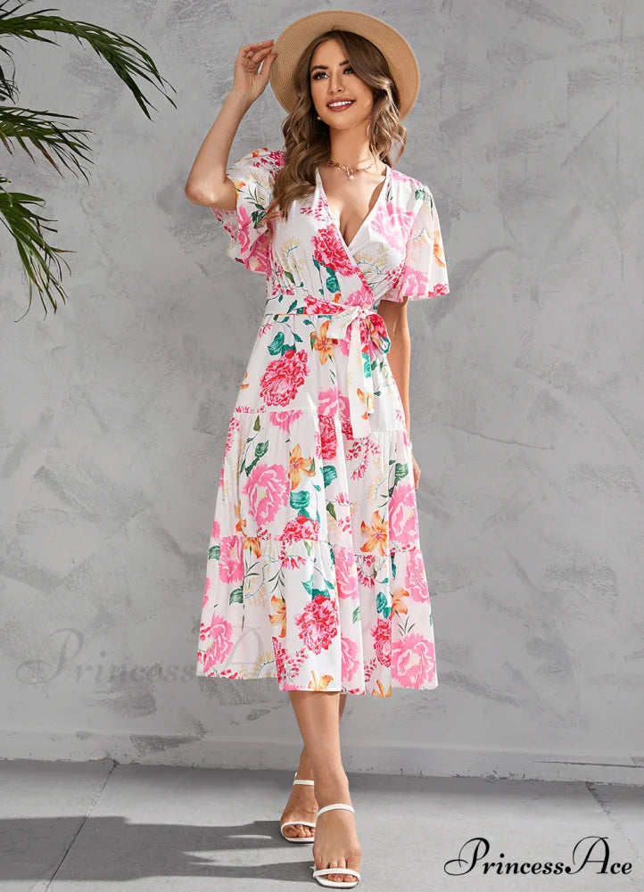 Women’s Summer Floral V-Neck Short Sleeve Dress with Belt - Chiffon Mid-Length Boho Beach Sundress M / WHITE