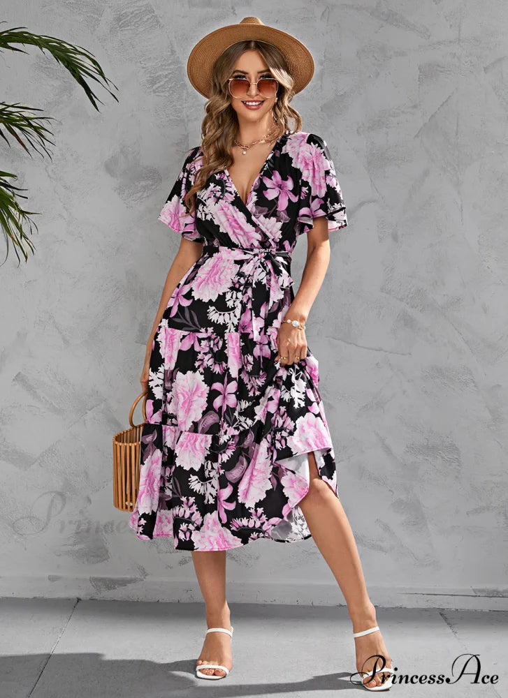 Women’s Summer Floral V-Neck Short Sleeve Dress with Belt - Chiffon Mid-Length Boho Beach Sundress M / YELLOW