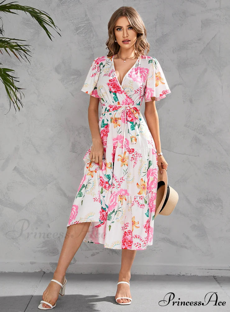 Women’s Summer Floral V-Neck Short Sleeve Dress with Belt - Chiffon Mid-Length Boho Beach Sundress S / BLACK