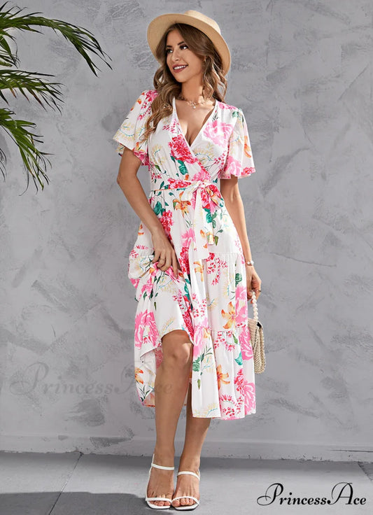 Women’s Summer Floral V-Neck Short Sleeve Dress with Belt - Chiffon Mid-Length Boho Beach Sundress S / WHITE