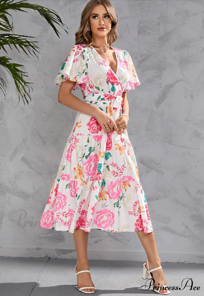 Women’s Summer Floral V-Neck Short Sleeve Dress with Belt - Chiffon Mid-Length Boho Beach Sundress S / YELLOW