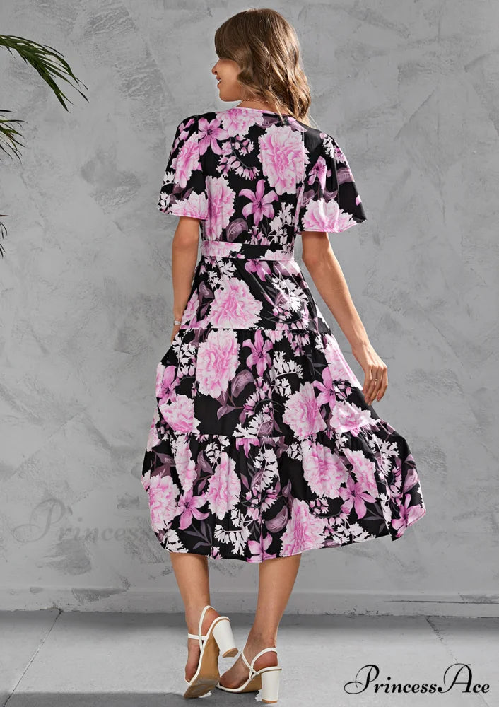 Women’s Summer Floral V-Neck Short Sleeve Dress with Belt - Chiffon Mid-Length Boho Beach Sundress XL / WHITE