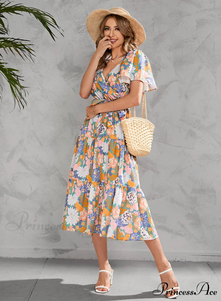 Women’s Summer Floral V-Neck Short Sleeve Dress with Belt - Chiffon Mid-Length Boho Beach Sundress XL / YELLOW