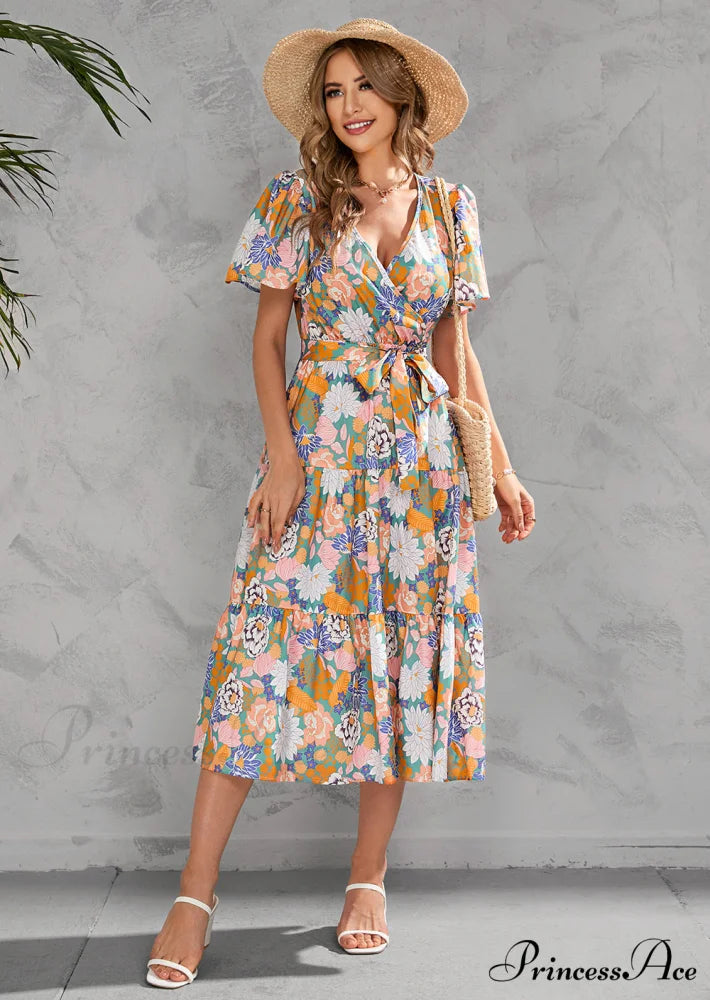 Women’s Summer Floral V-Neck Short Sleeve Dress with Belt - Chiffon Mid-Length Boho Beach Sundress XXL / WHITE