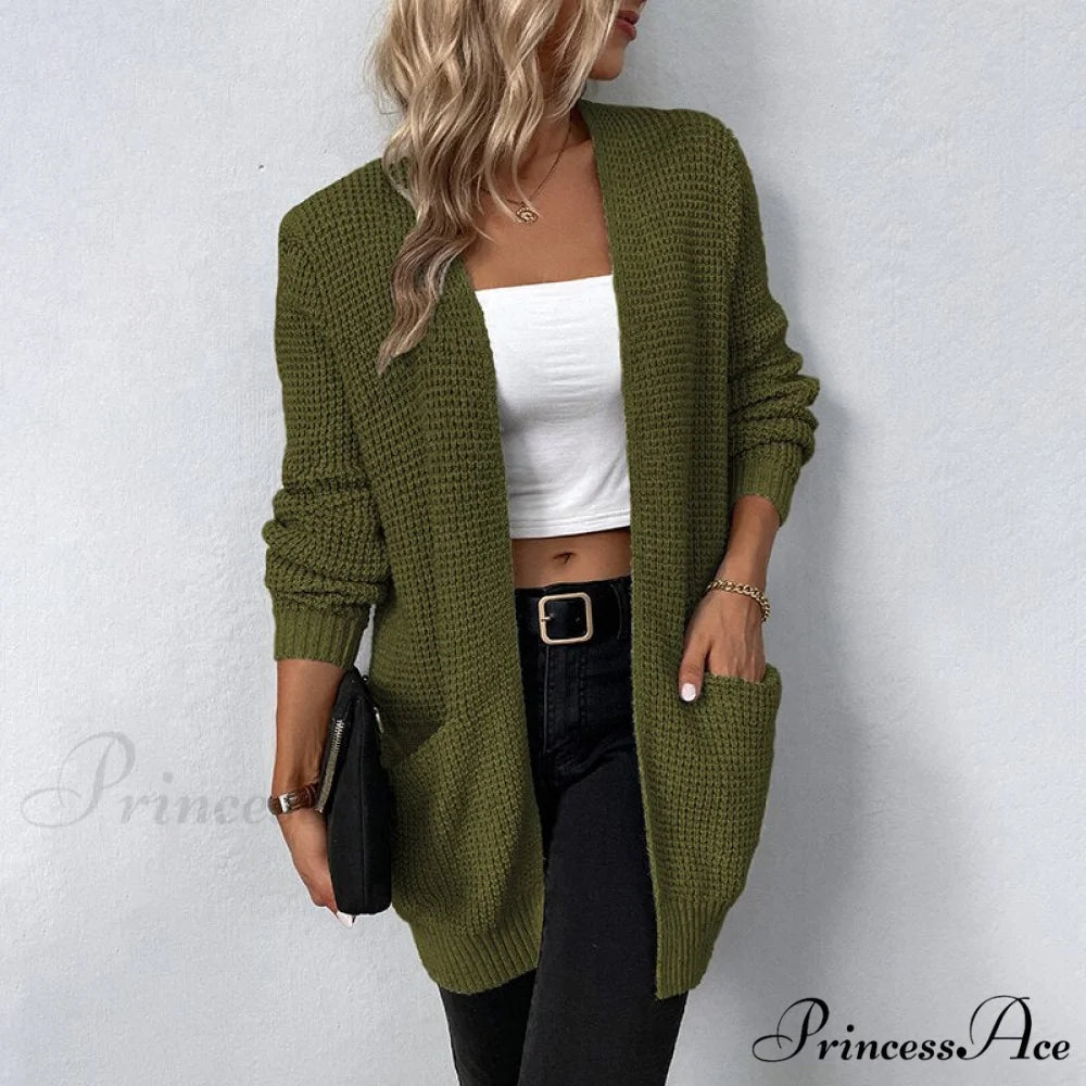 Women’s Sweater New V-Neck Solid Color Loose Fit Pockets Long Cardigan Army Green / S