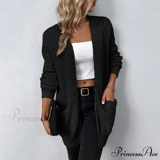 Women’s Sweater New V-Neck Solid Color Loose Fit Pockets Long Cardigan Black / S