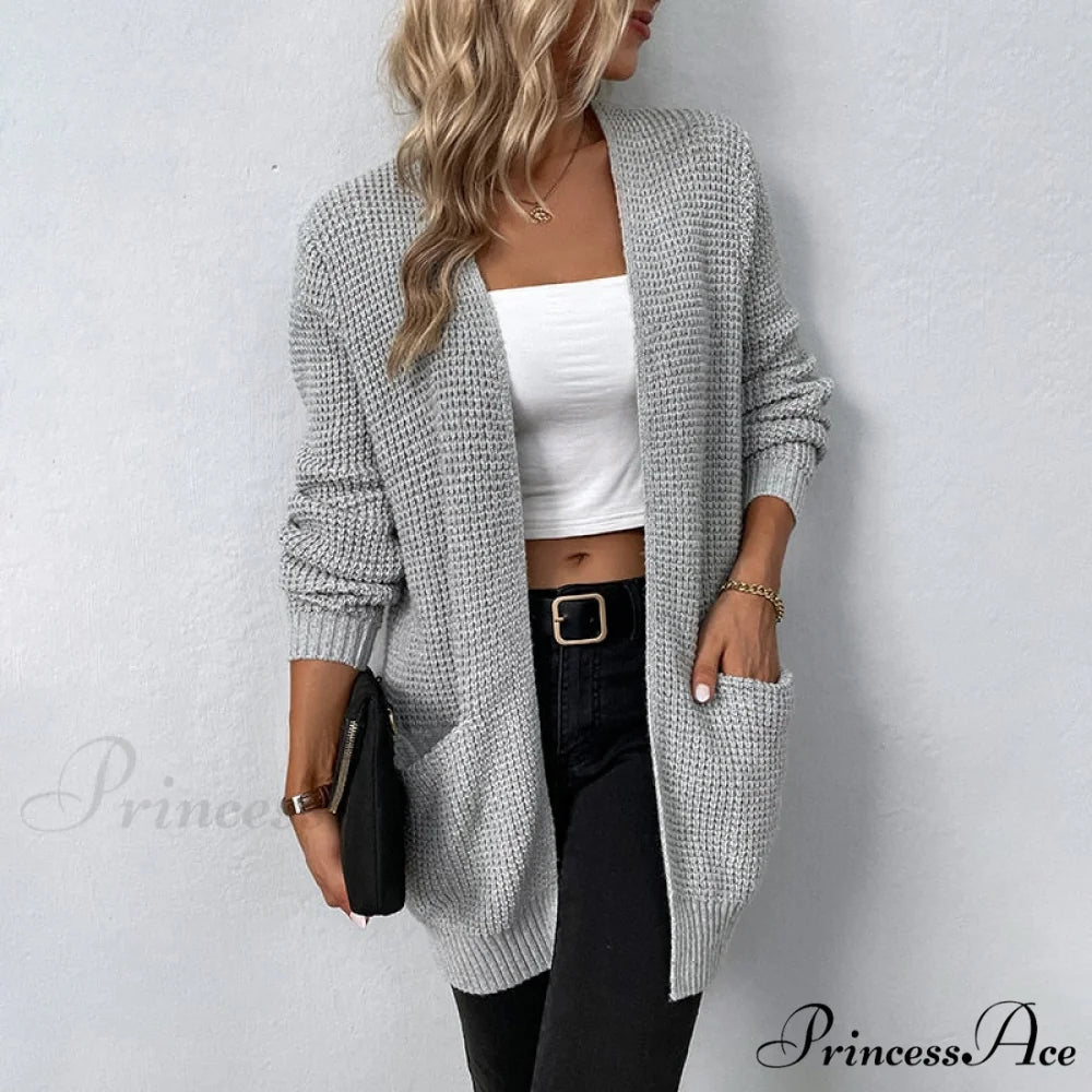 Women’s Sweater New V-Neck Solid Color Loose Fit Pockets Long Cardigan Gray / S