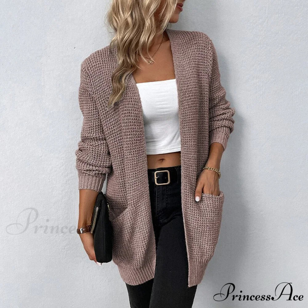 Women’s Sweater New V-Neck Solid Color Loose Fit Pockets Long Cardigan Pink / S