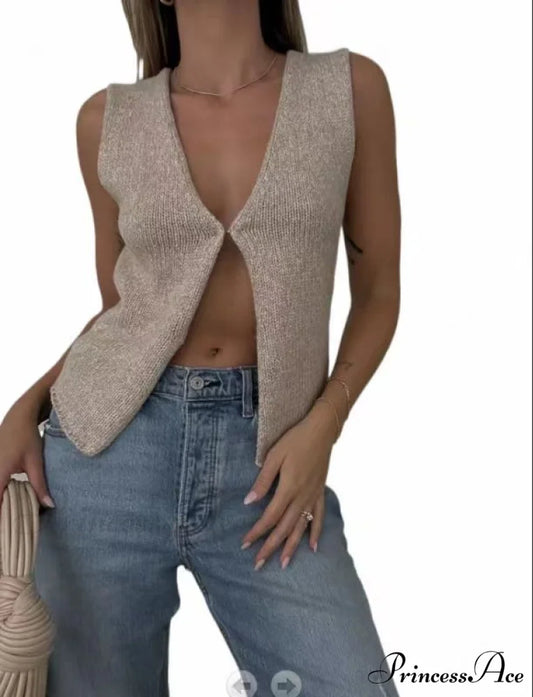 Women’s Top Deep V Sleeveless Knitted Cardigan Khaki / S