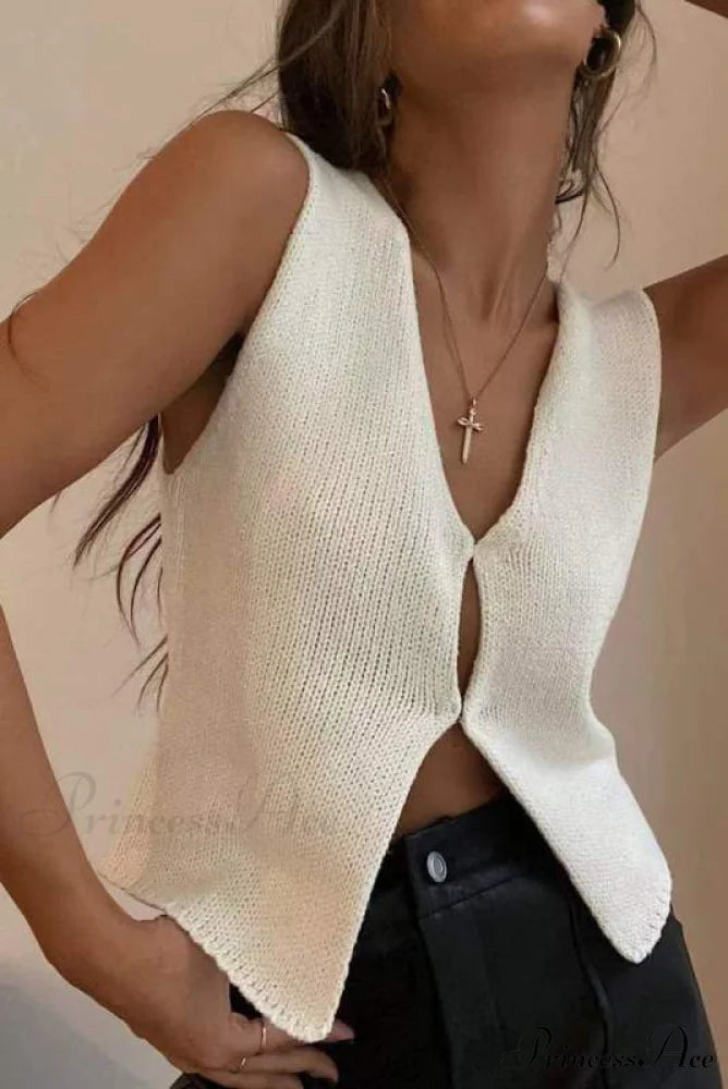 Women’s Top Deep V Sleeveless Knitted Cardigan White / S