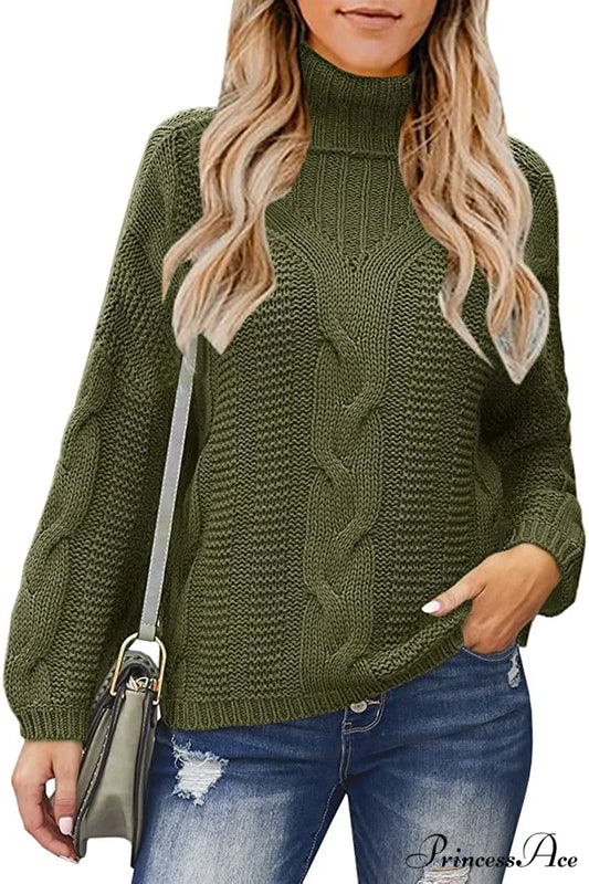 Womens Turtleneck Loose Oversized Chunky Knitted Sweater Army Green / Large