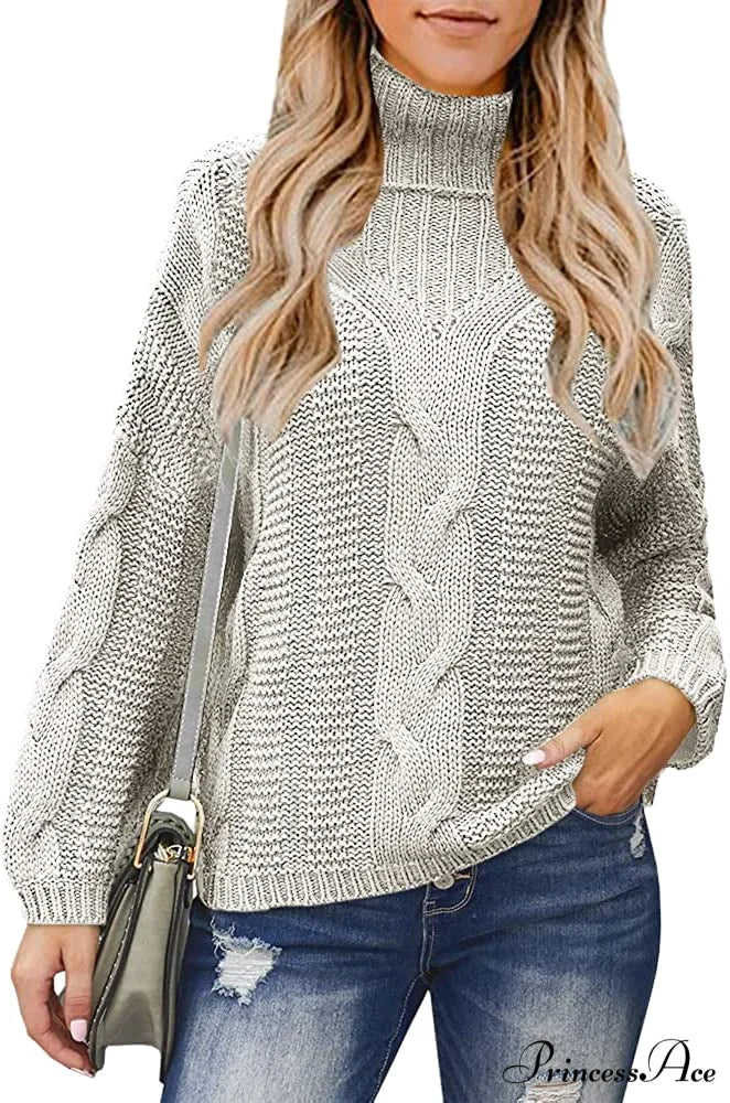 Womens Turtleneck Loose Oversized Chunky Knitted Sweater Beige / Large