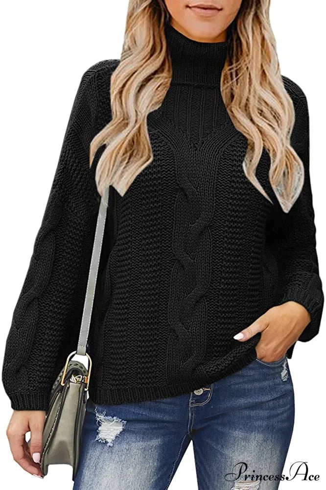 Womens Turtleneck Loose Oversized Chunky Knitted Sweater Black / Large