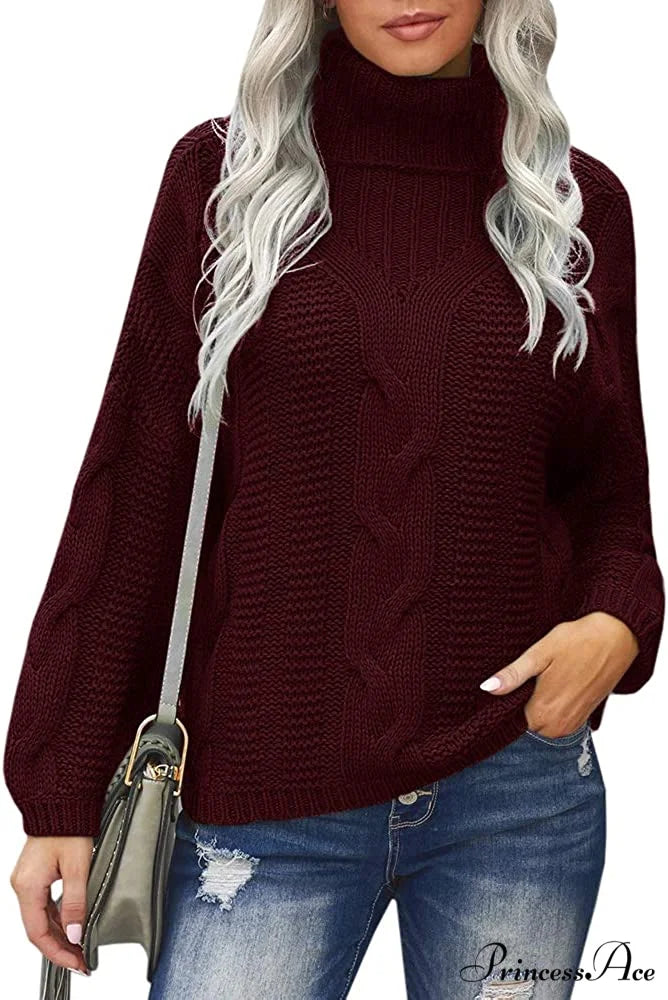 Womens Turtleneck Loose Oversized Chunky Knitted Sweater Burgundy / Large
