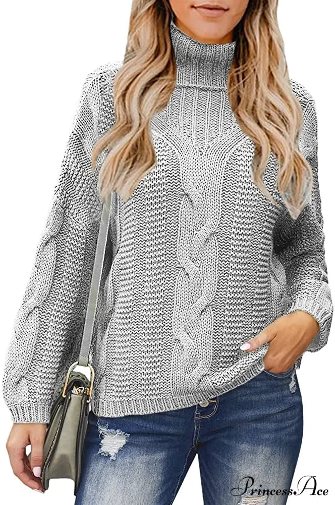 Womens Turtleneck Loose Oversized Chunky Knitted Sweater Gray / Large