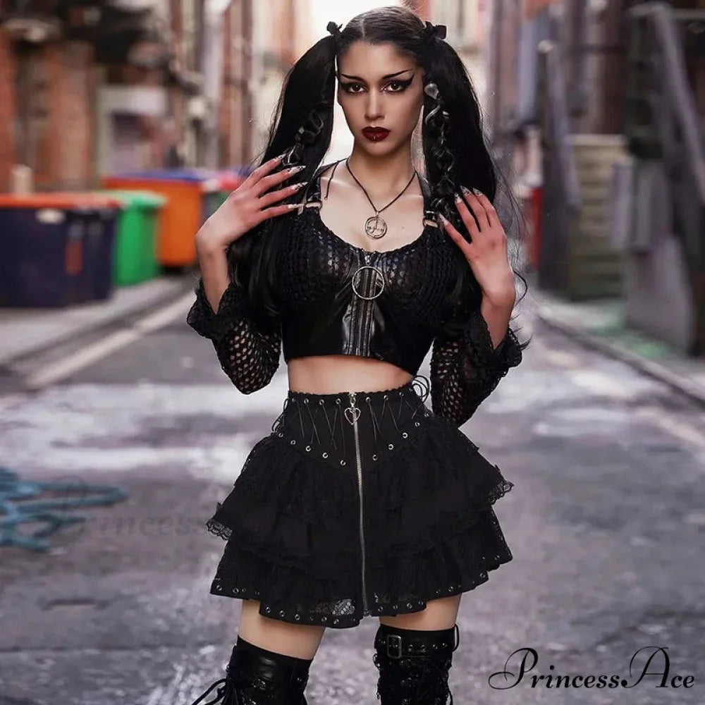Women’s Vintage High Waist Zipper Front Japanese Style Kawaii Black Harajuku Gothic Skater Mini Skirt