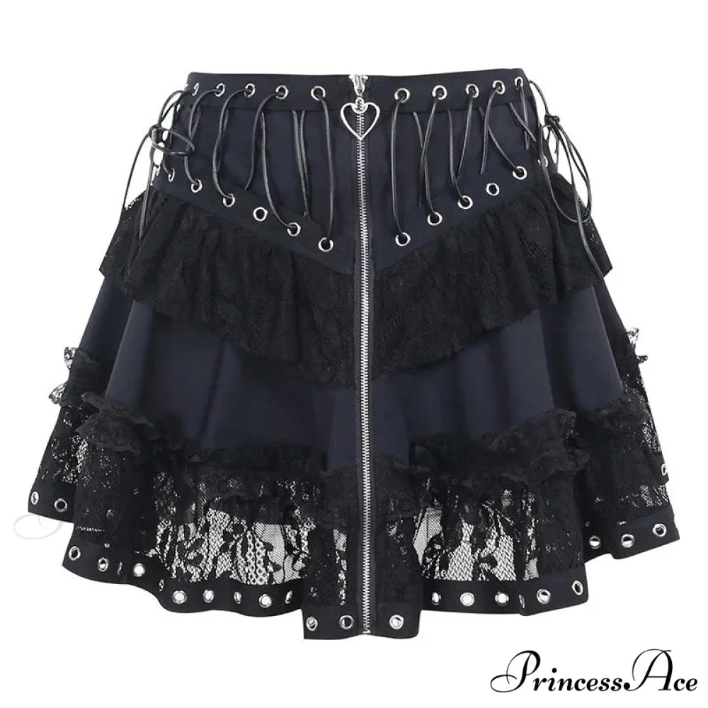 Women’s Vintage High Waist Zipper Front Japanese Style Kawaii Black Harajuku Gothic Skater Mini Skirt BLACK / S