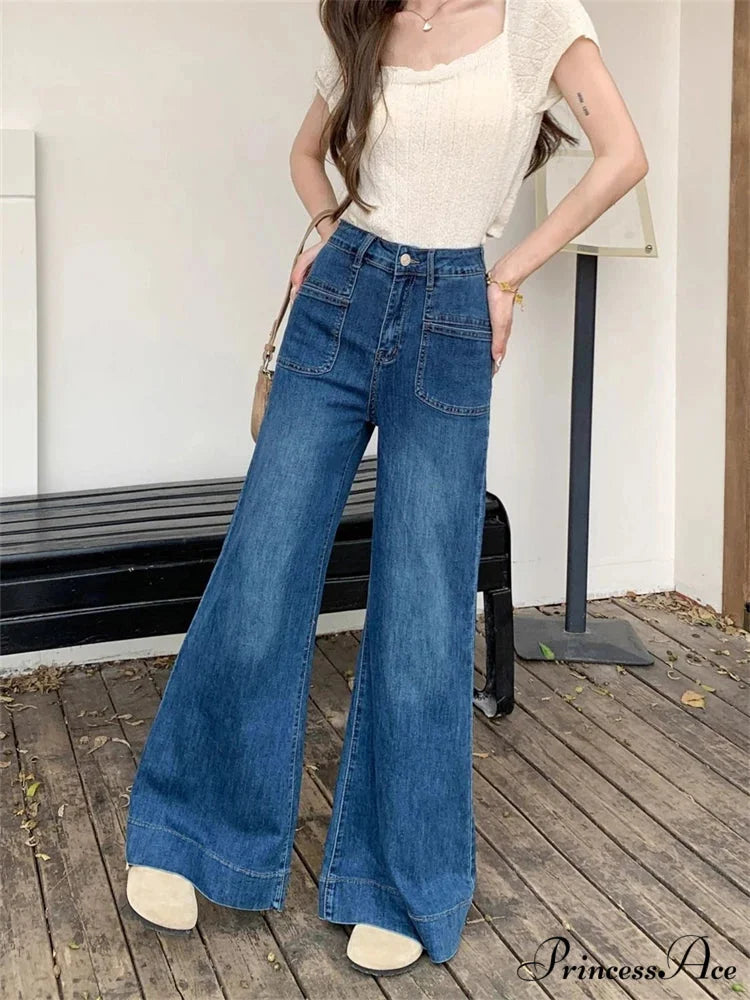 Women’s Vintage Style Micro Flared Street Girl Bottoms High Waisted Pant Female Fashion Blue Denim Wide Leg Jeans