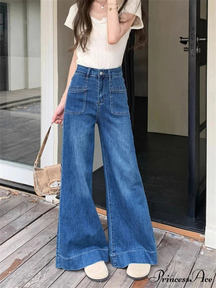 Women’s Vintage Style Micro Flared Street Girl Bottoms High Waisted Pant Female Fashion Blue Denim Wide Leg Jeans Blue