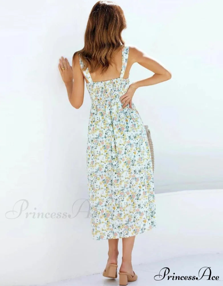Women’s Warm-Season Sleeveless Design Coastal Midi Green Casual Dress