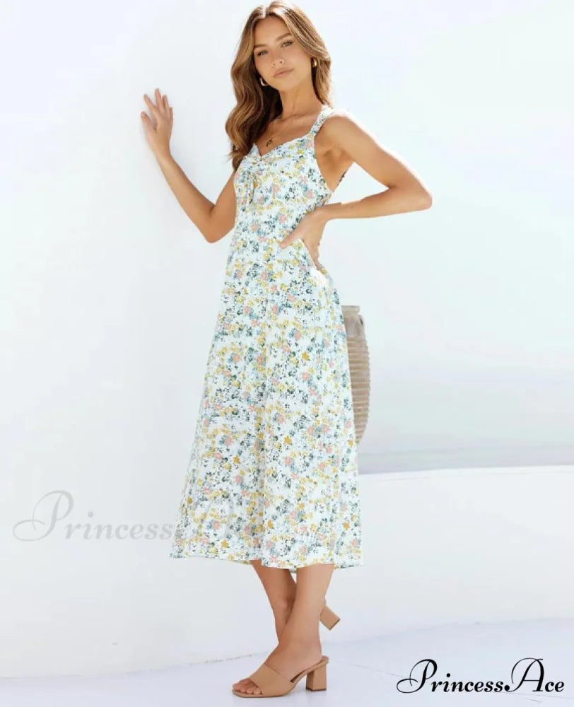 Women’s Warm-Season Sleeveless Design Coastal Midi Green Casual Dress